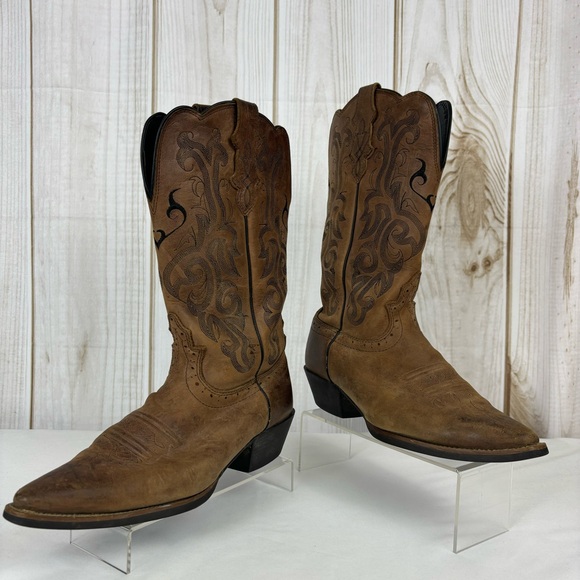 Justin McKayla Boots Embossed Leather Pointed Toe Western Boot Brown Size 9 - Picture 3 of 16